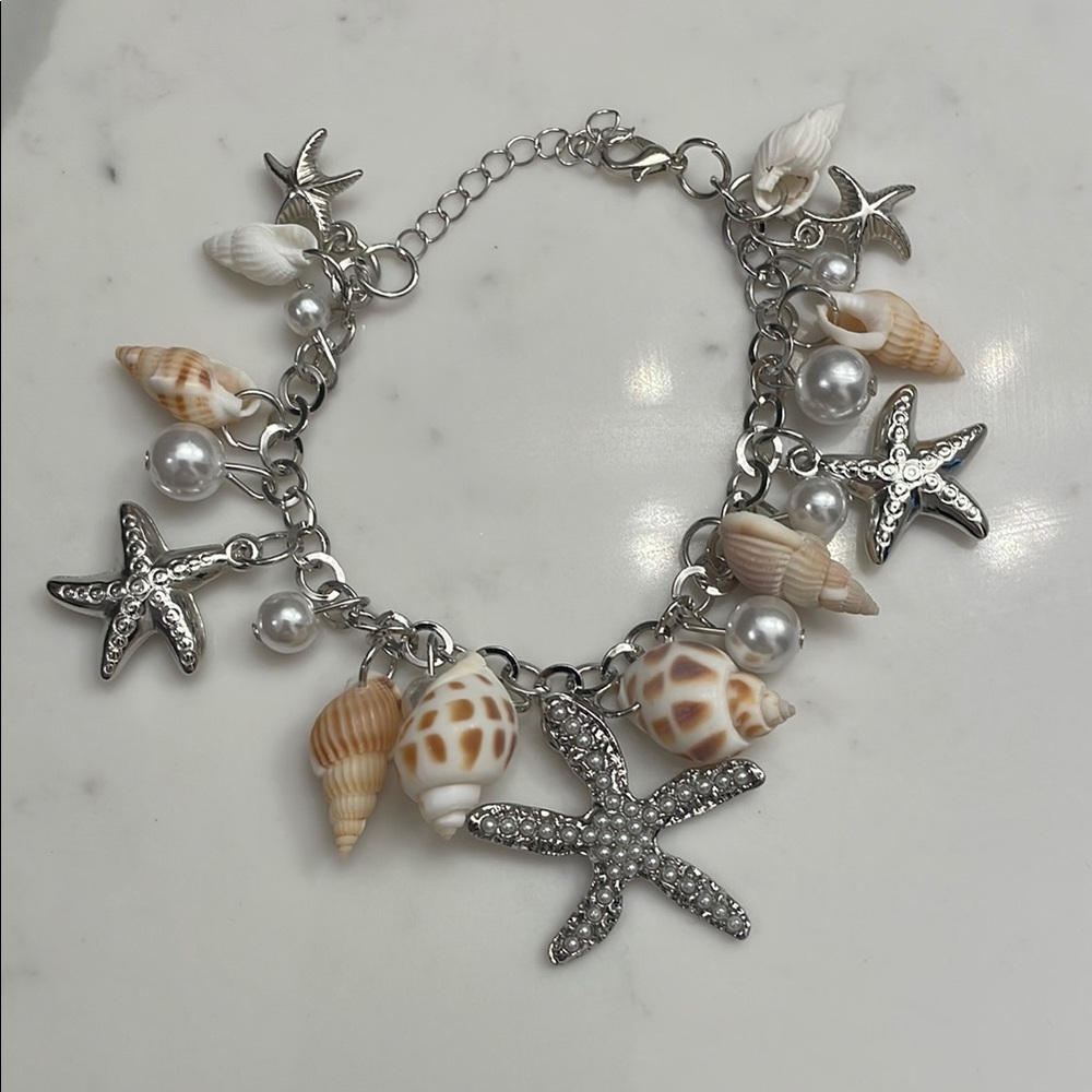 Silver Starfish and Shell Lightweight Charm Bracelet
